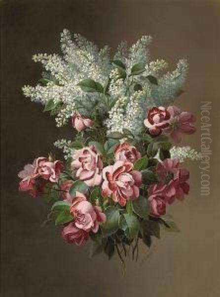 Cut Roses And Lilies Oil Painting by Raoul Maucherat de Longpre