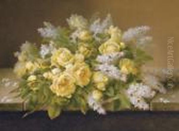 Yellow Roses And Lilacs Oil Painting by Raoul Maucherat de Longpre