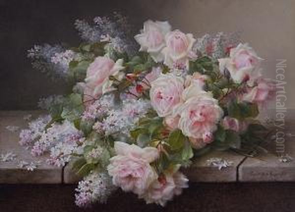 Roses And Lilacs On A Ledge Oil Painting by Raoul Maucherat de Longpre