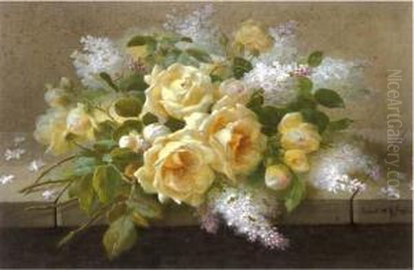 Still Life Of Yellow Roses And Lilac Oil Painting by Raoul Maucherat de Longpre