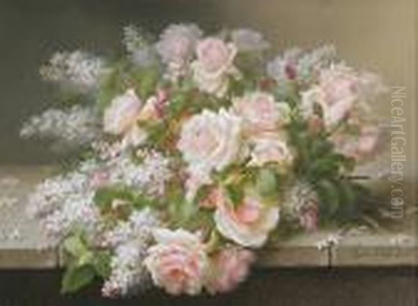 Still Life Of Roses And Lilacs Oil Painting by Raoul Maucherat de Longpre