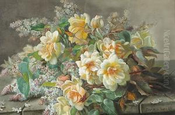 A Still Life With Roses And Lilacs On A Ledge Oil Painting by Raoul Maucherat de Longpre