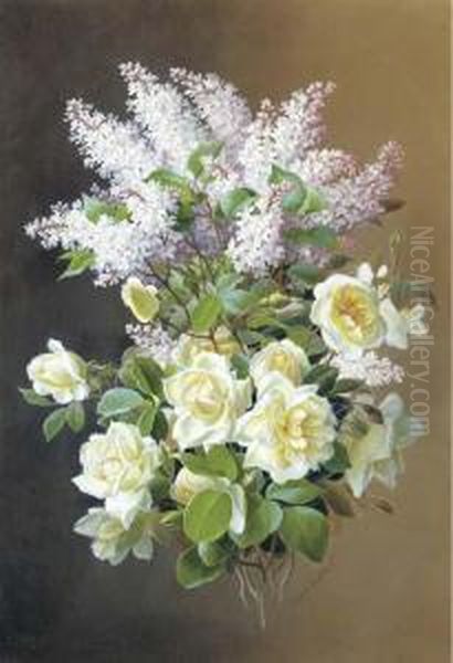 A Spray Of Roses And Lilac; Also A Companion Still Life Oil Painting by Raoul Maucherat de Longpre