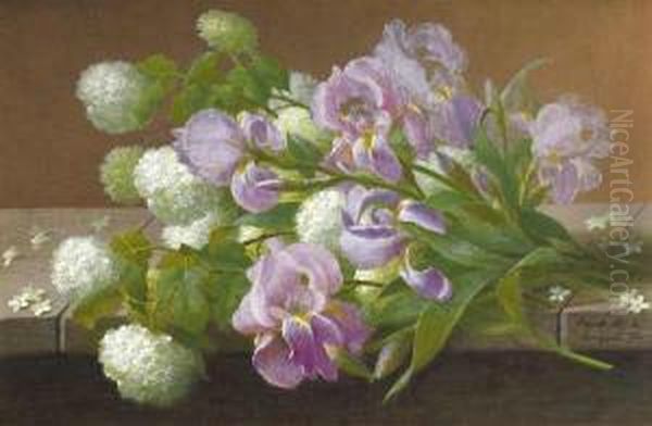 Iris & Hydrangeas Oil Painting by Raoul Maucherat de Longpre