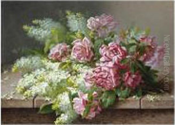 Still Life Of Lilac And Roses Oil Painting by Raoul Maucherat de Longpre