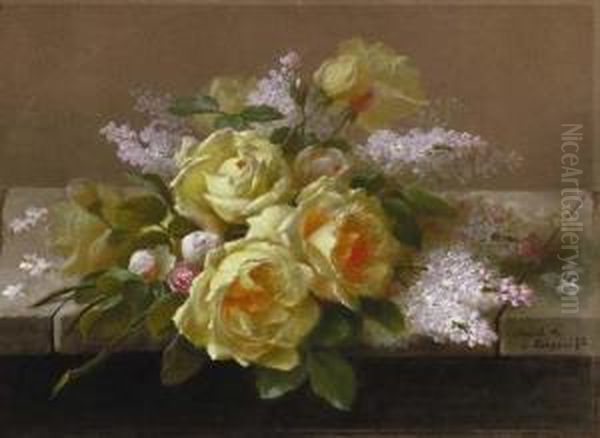 Roses, Cream; And Roses And White Lilacs On A Ledge: Two Works Oil Painting by Raoul Maucherat de Longpre