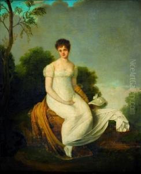 Portrait De Jeune Femme En Robe Blanche Dans Un Paysage Oil Painting by Jean-Baptiste Mauzaisse