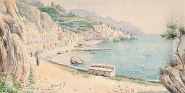 View Of Amalfi, With A Continental Watercolour Of A Woman In Traditional Dress Oil Painting by Alexander James Mavrogordato