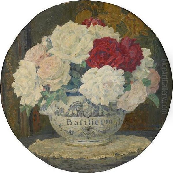 Red And White Roses In A Bowl Before A Chinese Lacquer Screen Oil Painting by Edgard Maxence