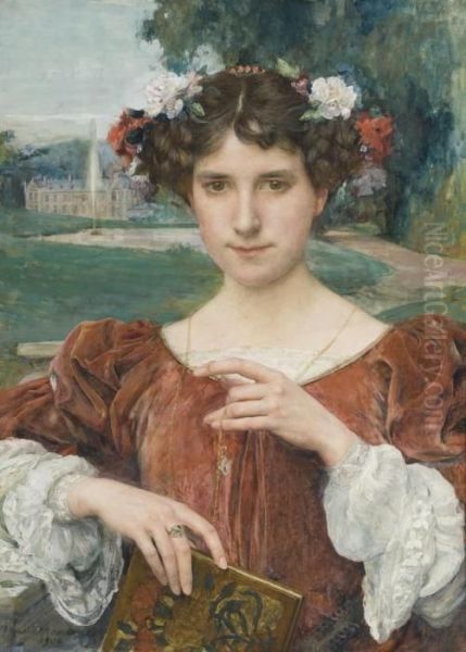 Portrait De Femme A La Couronne De Fleurs Oil Painting by Edgard Maxence