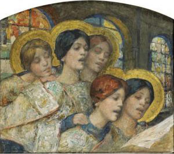 Le Chant Des Anges [ ; The Song 
Of The Angels ; Watercolour And Gouache, Heightened With Gold On Paper ;
 Signed Lower Left ] Oil Painting by Edgard Maxence