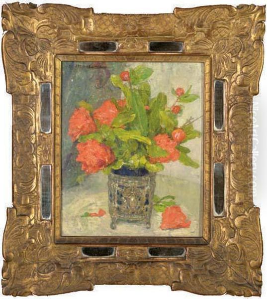 Vase Aux Fleurs Rouges Oil Painting by Edgard Maxence