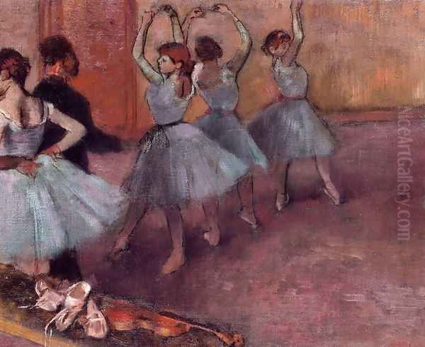 Dancers in Light Blue Oil Painting by Edgar Degas