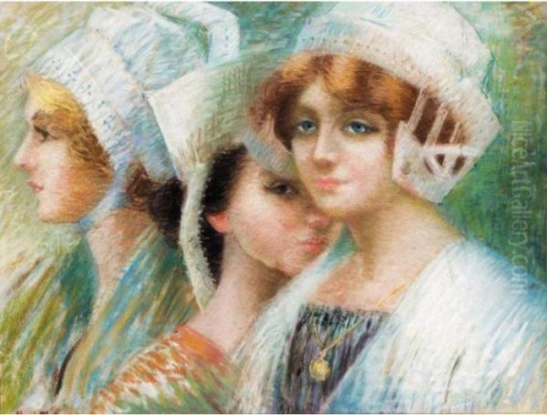 Three Girls Oil Painting by Edgard Maxence