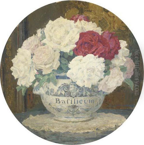 Red And White Roses In A Bowl Before A Chinese Lacquer Screen Oil Painting by Edgard Maxence