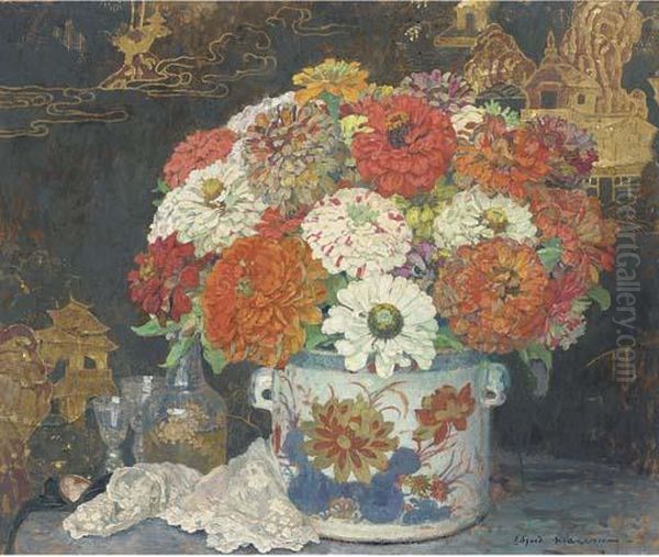 Chrysanthemums In A Chinese Imari Jardiniere Oil Painting by Edgard Maxence