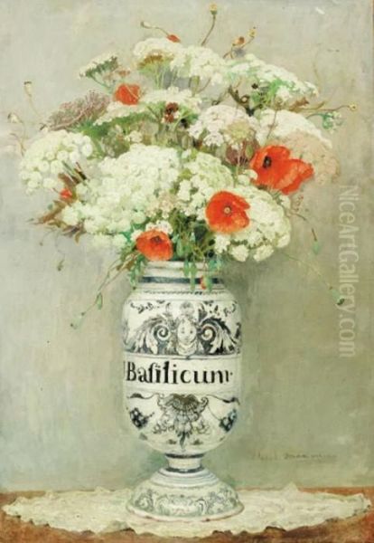 A Vase Of Queen Anne's Lace And Poppies Oil Painting by Edgard Maxence