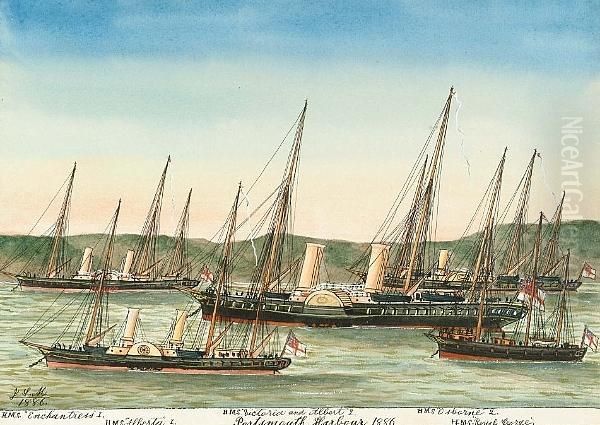 H.m.s. 'enchantress', H.m.s. 
'victoria' And 'albert 2', H.m.s. 'alberta' And H.m.s. 'royal George' In
 Portsmouth Harbour 1886, And A Set Of 6 Others Oil Painting by James Scott Maxwell