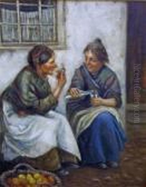 Oil, Two Fisher Ladies Outside A Cottage, 19 Oil Painting by Philip William May