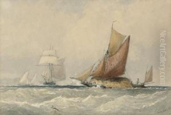 A Loaded Hay Barge And Other Shipping In The Channel Oil Painting by Walter William May