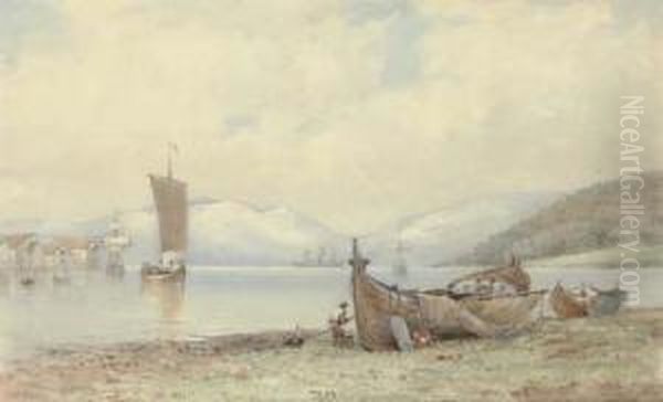 A Steamer And Other Shipping In A Norwegian Fjord Oil Painting by Walter William May