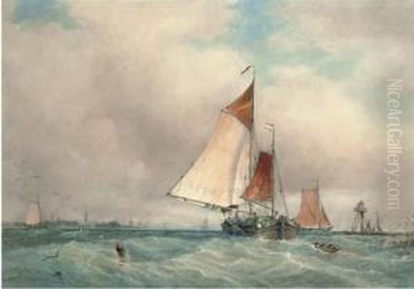 Barges Running Out Of The Scheldt On A Blustery Day Oil Painting by Walter William May