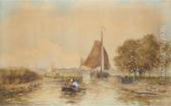 Barges In A Dutch Landscape Oil Painting by Walter William May