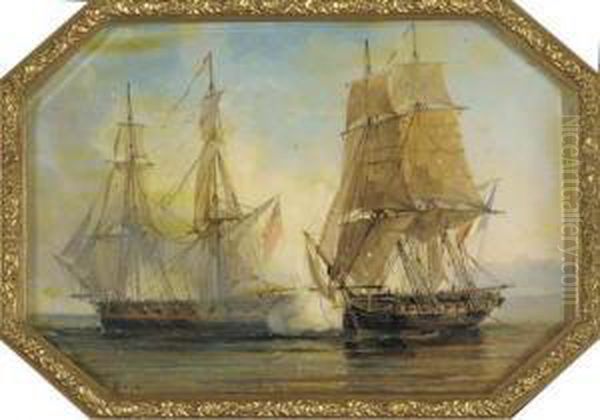 Deux Voiliers S'affrontant Pres D'une Cote Oil Painting by Auguste Etienne Fr. Mayer