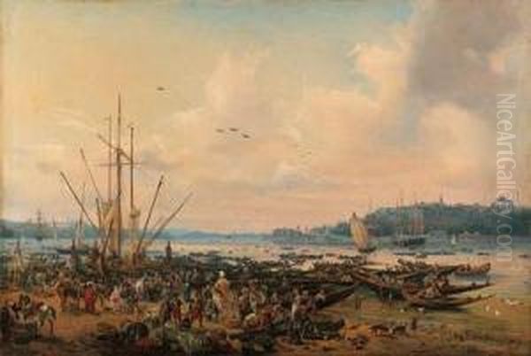 A View Of Constantinople From 
Tophane Looking Towards The Sea Ofmarmara, Showing On The Right The 
Seraglio Point With The Pavilionson The Shore At The Entrance To The 
Golden Horn And, On The Left,the Asian Side With The Selimiye Barracks 
At Scutar Oil Painting by Auguste Etienne Fr. Mayer