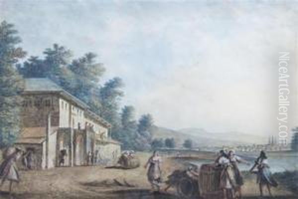 Veduta Del Villagio Di Gigesti 
Nella Valakia Presa Da Un Casino Alle Sponde Del Fiume Argis. Oil Painting by Luigi Mayer