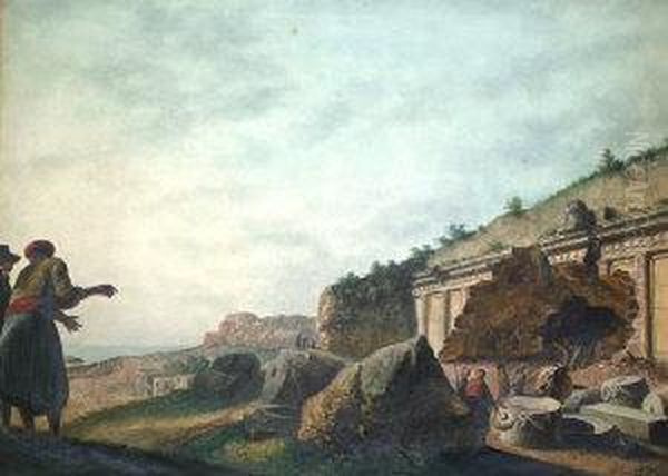 Monumento Tagliato Nel Sasso, 
Con Vestigi Di Unteatro Esistenti Nell 'isola Di Rodi Contrada Lindo Oil Painting by Luigi Mayer