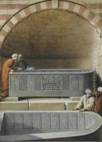 Figures In A Tomb Examining Basalt Sarcophogae, Cairo Oil Painting by Luigi Mayer