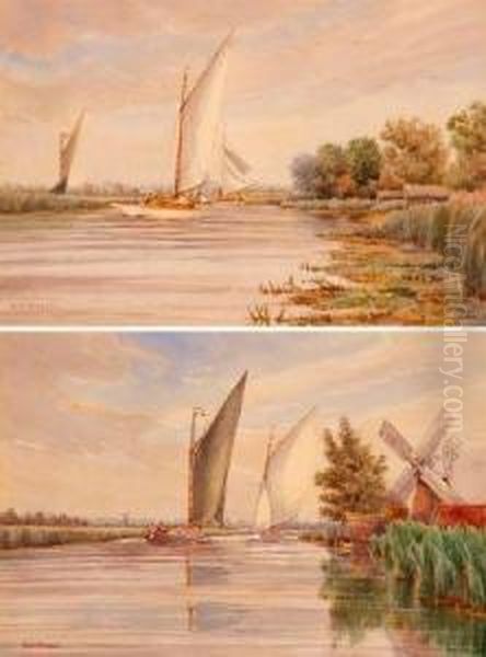 Broads Scenes With Wherries And Yachts Oil Painting by William Edward Mayes