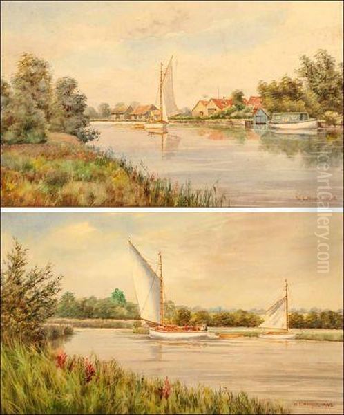 Yachts On The Norfolk Broads Oil Painting by William Edward Mayes