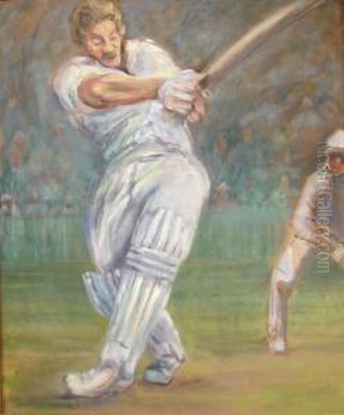 'boundary' Portrait Of The Legendary Cricketer Ian Botham Batting A Ball To The Boundary Oil Painting by Jean Mayne