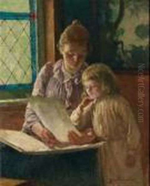 Mother And Child Looking At A Portfolio Oil Painting by Jean Mayne