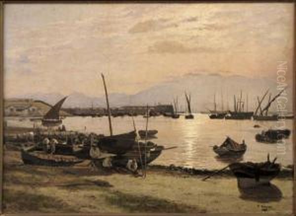 John Shore Fishing Boats In Harbor Oil Painting by William Frederick Mayor