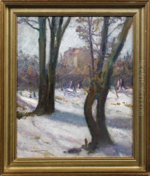 Verschneiter Wintertag Im Englischen Garten In Munchen Oil Painting by Max Mayrshofer