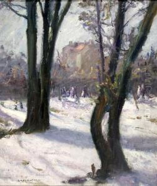 Winterliche Parklandschaft In Munchen-harlaching Mit Flanierenden Personen Oil Painting by Max Mayrshofer