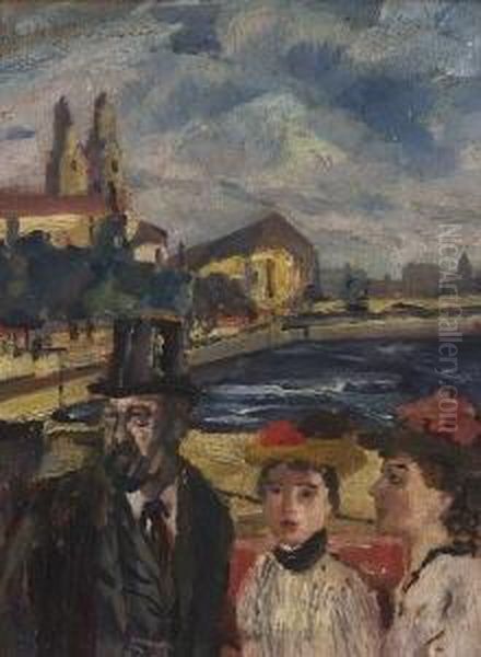 Zurich. Uferpromenade Mit
 Personen. Oil Painting by Max Mayrshofer