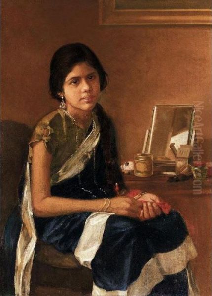 Lady In Her Dressing Room Oil Painting by Hemendranath Mazumdar