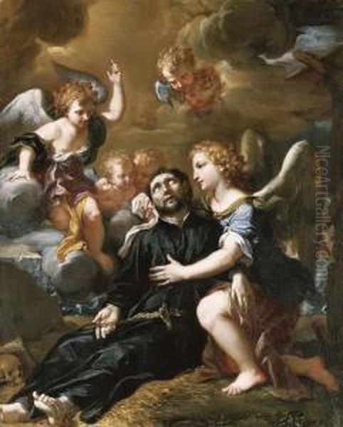 Angels Comforting Saint Francis Xavier Oil Painting by Ludovico Mazzanti