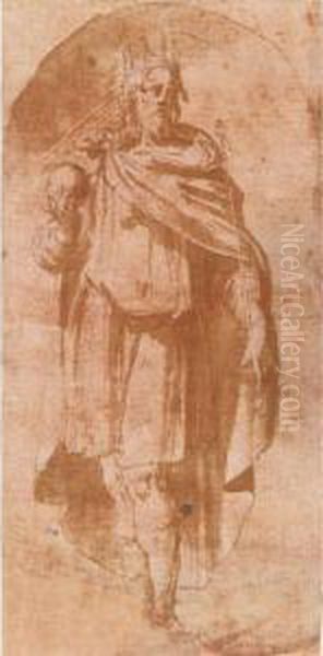 A Standing King In A Niche Oil Painting by Girolamo Mazzola Bedoli