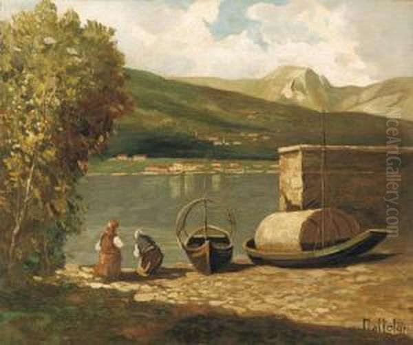 Lavandaie A Lierna, Lago Di Lecco Oil Painting by Ugo Mazzolari