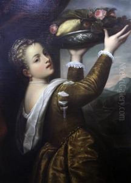 Woman Holding Aloft A Bowl Of Fruit, After Titian Oil Painting by Giuseppe Mazzolini