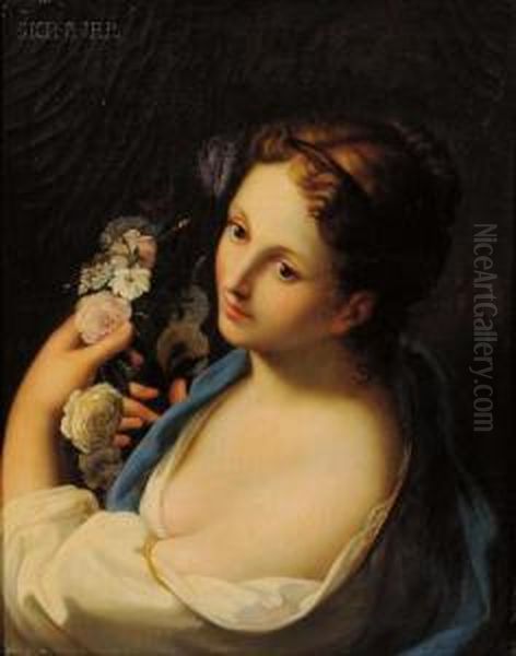 Girl With A Wreath Of Flowers Oil Painting by Giuseppe Mazzolini