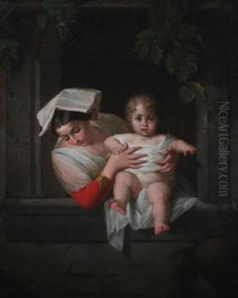 Mother And Child By The Window Oil Painting by Giuseppe Mazzolini