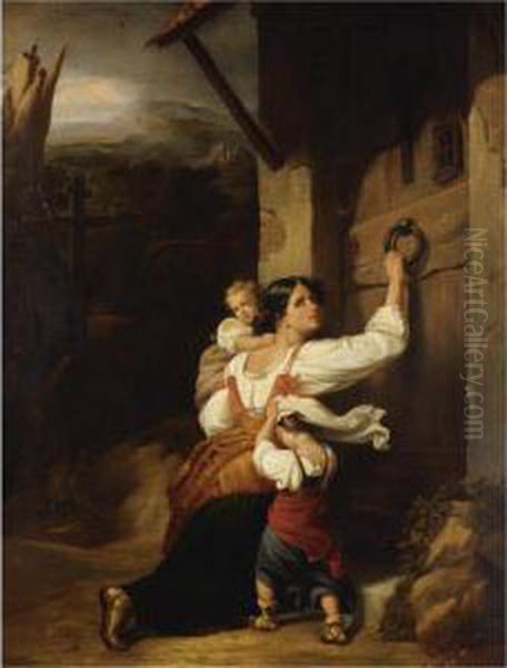 Mother And Children Fleeing; At The Altar Oil Painting by Giuseppe Mazzolini