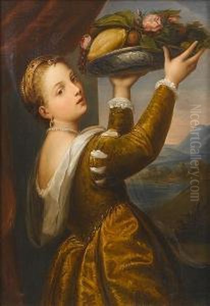 Young Girl With A Fruit Dish Oil Painting by Giuseppe Mazzolini