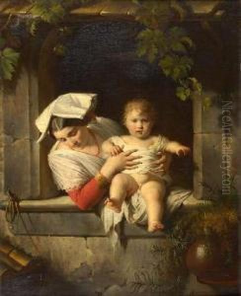 Maternal Cares Oil Painting by Giuseppe Mazzolini